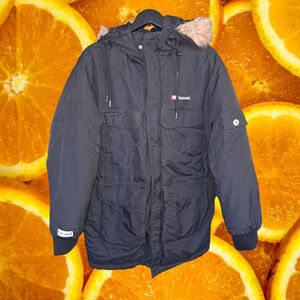 Ecko Unltd Red Long Black Puffer Coat‎ With Faux Fur Hood Size Large
